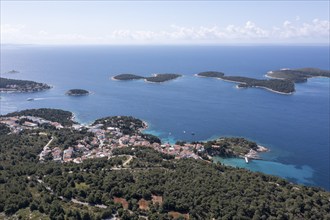 Aerial view, Pakleni or Paklinski Islands off the island of Hvar, Dalmatia, Croatia, Europe