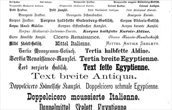 Various typefaces, fonts that were already known in 1890, historical, digital reproduction of an