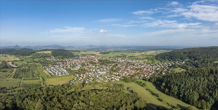 Aerial view, panorama of the municipality of Steißlingen, on the horizon the Hegau mountains,