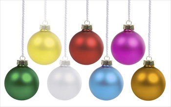 Christmas baubles with Christmas decorations colourful decoration hanging isolated cropped in