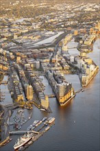 Aerial view of Hamburg harbour at sunset with Elbe, Elbe Philharmonic Hall, Hafen City, Hamburg,