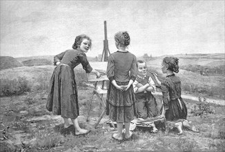 Children trying their hand at landscape painting, three girls and a boy with an easel and canvas,