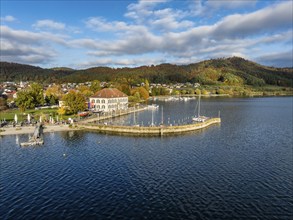 Aerial view of Lake Constance with the municipality of Bodman-Ludwigshafen with autumnal vegetation