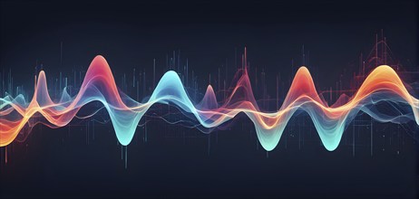 Abstract illustration of digital wave forms and circuits converging to form abstract symbols of