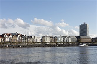 Mannesmannufer, row of houses and Rhine promenade, Mannesmann tower block, Düsseldorf, North