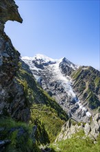 Mountain landscape, view of glacier Glacier de Taconnaz, hike La Jonction, Chamonix, Haute-Savoie,