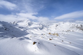 Snow-covered mountain landscape, mountain peak Monte Cevedale and glacier Zufallferner and