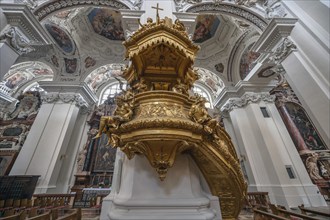 Gilded pulpit, a baroque work from 1726, Passau Cathedral, Passau, Lower Bavaria, Bavaria, Germany,