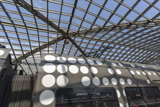 Local train and glass roof at Cologne Central Station, Cologne, Rhineland, North Rhine-Westphalia,