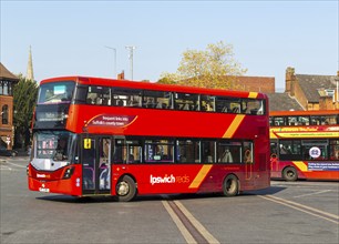 Ipswich Reds double decker Wright StreetDeck Micro Hybrid bus, Old Cattle Market bus station,