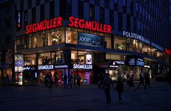 Night shot furniture store Segmüller, Joop, logo, city centre, advertisement, neon, Stuttgart,