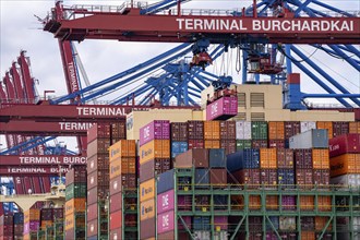 HMM Nuri container freighter, at HHLA Container Terminal Burchardkai, in Waltershofer Hafen, being