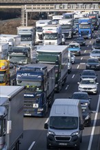 Traffic jam on the A3 motorway, at the Köln-Ost junction, heading south, four lanes jammed with