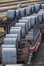 Strip steel coils, on freight wagons, at the ThyssenKrupp Schwelgern plant in Duisburg-Marxloh is