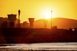 Rhine at Duisburg-Bruckhausen, towers of the water extraction facilities of ThyssenKrupp Steel