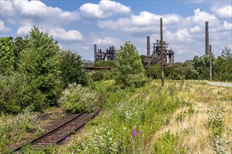 The Duisburg Nord Landscape Park, blast furnace backdrop, Sinterweg, North Rhine-Westphalia,