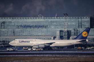 Lufthansa, Boeing 747, Jubojet, on the taxiway at Frankfurt FRA airport, Fraport, in winter, Hesse,