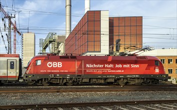 ÖBB locomotive with advertising for train drivers, shortage of skilled labour. Frankfurt am Main,