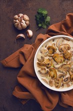 Mushrooms in creamy garlic sauce, with herbs and spices, gravy, sauce, no people