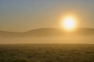 Sunrise over a misty hilly landscape with green meadow and trees in a peaceful atmosphere,