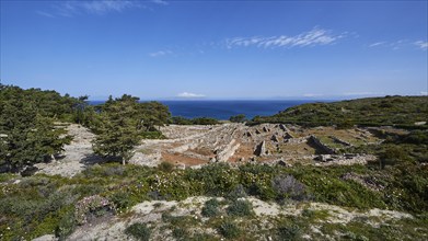 Expansive landscape of ruins overlooking the sea, surrounded by vegetation under a clear blue sky,