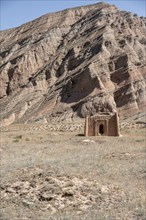 Ancient mausoleum, erosion landscape, Naryn province, Kyrgyzstan, Asia