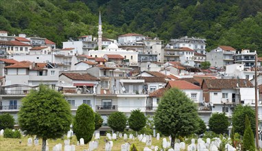 A dense settlement with a minaret nestled against a wooded hill with a cemetery in the foreground,