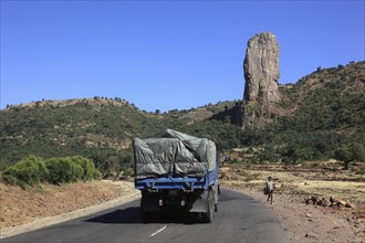 Amhara region, stele-like vulture rock near the town of Gondar, country road, Ethiopia, Africa