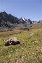 Hikers in the high valley, Keldike Valley on the way to the Ala Kul Pass, Tien Shan Mountains,