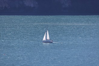 Sailing boat on Lake Lucerne, Flüelen, Canton Uri, Switzerland, Europe