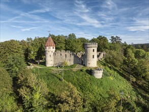 Aerial view of the Honburg castle ruins on the Honberg above the town of Tuttlingen, district of