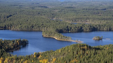 View of autumnal lake landscape, Konttainen, Ruka, Finland, Europe