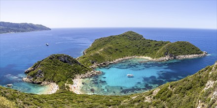 Porto Timoni Beach with turquoise blue sea panorama on the island of Corfu, Greece, Europe