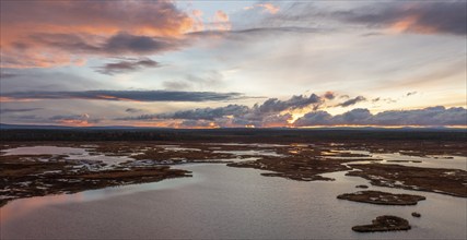 Sunset, drone shot, aerial view, lakes, moor landscape, Lapland, Finland, Europe