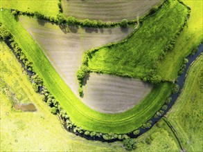 Top Down over Farms and Fields over Cononley and River Aire from a drone, Keighley, North