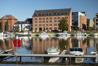 Leisure harbour, moorings, motorboats, Leer, East Frisia, Germany, Europe