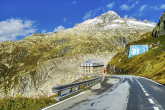 View of Hotel Belvedere at road to pass Furkapass, Kanton Wallis, Swiss Alps, Switzerland, Europe