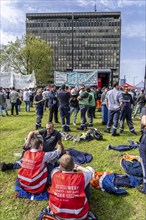 Demonstration by many thousands of steelworkers in front of the headquarters of ThyssenKrupp Steel