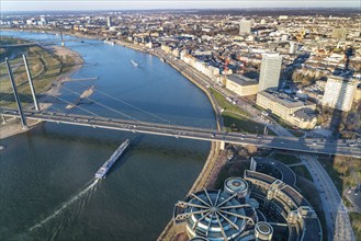 View over the city centre of Düsseldorf, state parliament, Rheinknie bridge over the Rhine, old