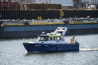 Essen water police boat, on the Rhine-Herne Canal, at Essen city harbour North Rhine-Westphalia,