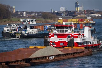 Cargo ships on the Rhine near Duisburg, push boat Herkules II, push convoy, brings coal and other