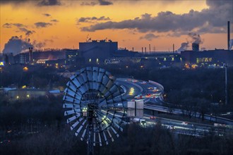 Skyline of the steel location Duisburg, Thyssenkrupp Steel Europe, in Duisburg-Bruckhausen, sunset,