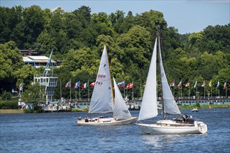 Lake Baldeney, reservoir of the Ruhr, regatta tower, regatta grandstand, Essen, North