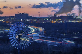 Skyline of the steel location Duisburg, Thyssenkrupp Steel Europe, in Duisburg-Bruckhausen, sunset,