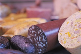 Sausage counter in a butcher's shop