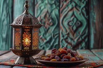 Ramadan lantern with a plate of succulent figs, set on an ornate table with intricate designs,