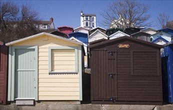 Beach huts out of season at Walton on the Naze, Essex, England, United Kingdom, Europe