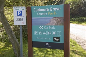 Sign for Cudmore Grove country park, East Mersea, Mersea Island, Essex, England, United Kingdom,