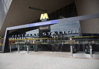 Newly built Centraal Station exterior close-up Rotterdam, Netherlands, August 2013 with escalator