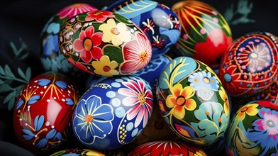 Vibrant, hand-painted Easter eggs adorned with intricate floral patterns, AI generated